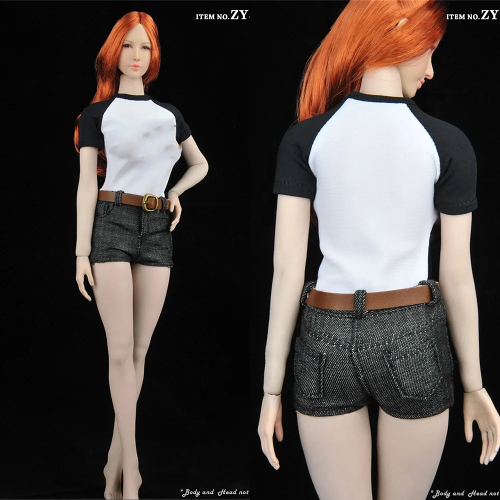 

ZY5036 1/6 Scale Women's Short Sleeve Printing T-Shirt Denim Shorts Belt Suit for 12" Female Action Figure Body Doll Accessories