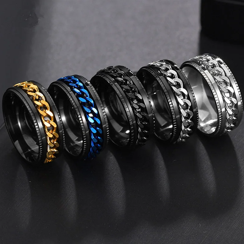 

New Simple Men's Titanium Steel Ring Rotable Embossed Chain Personalized Ring Multicolor Frosting Ring Men Jewelry Accessories