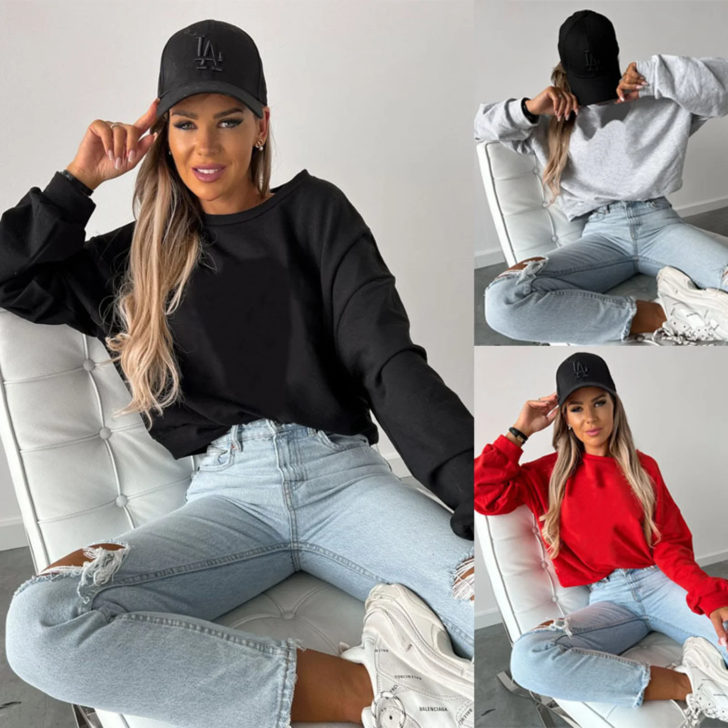 

Новинка 2023, Женский однотонный свободный свитер с круглым вырезом и длинным рукавом