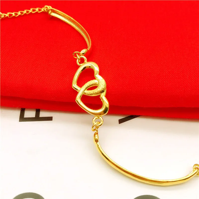 

Luxury 24k yellow Gold Plated Double Heart Bracelet Three Piece Women Fashion Set not fade Wedding Anniversary High Jewelry Gift