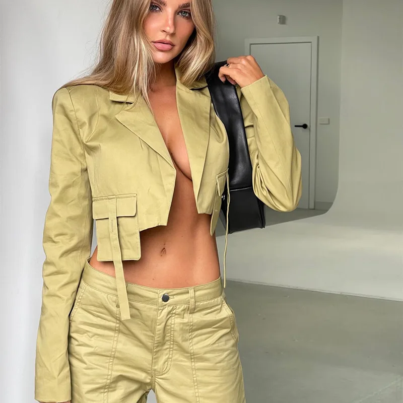 

Autumn Women Blazer Cropped Tops Full Sleeve Open Sitich Cropped Coat with Pockets Jackets High Street designer blazer women