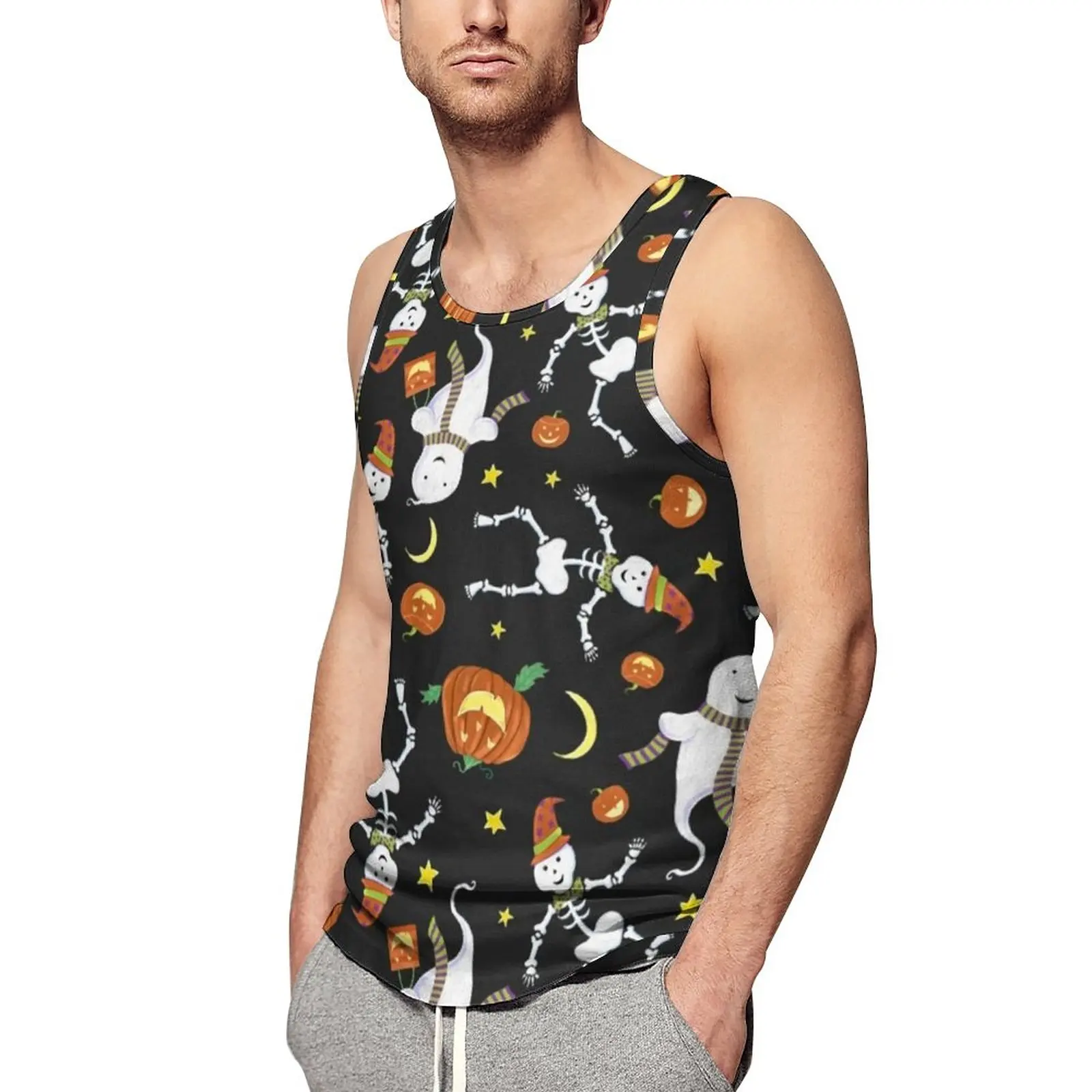 

Funny Ghost Print Tank Top Halloween Skeleton Trendy Tops Daily Workout Man Custom Sleeveless Shirts Plus Size 4XL 5XL