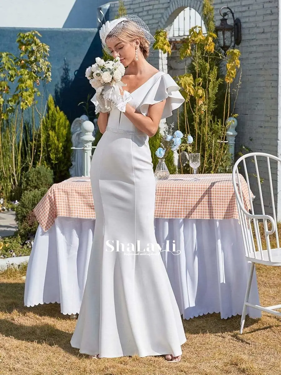 

Elegant Mermaid Wedding Dress Satin With Floor Length Beading Sashes V-neck Sleeveless Ruffles Backless Bride Modest Gowns