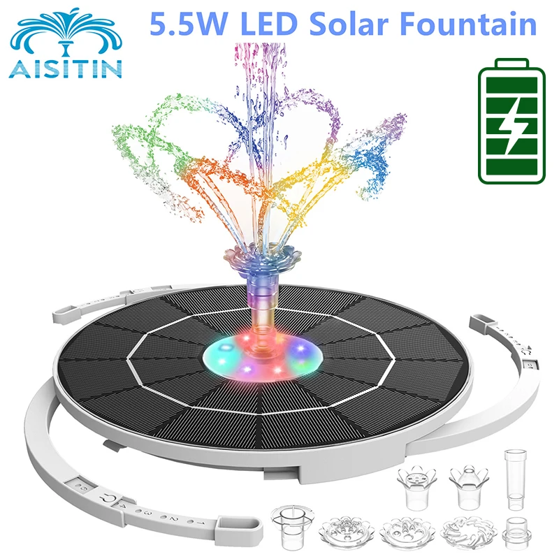AISITIN 5.5W LED Solar Fountain, Solar Water Fountains with 3000mAh Battery 6 Nozzles, for Bird Bath, Garden and Outdoor,etc.