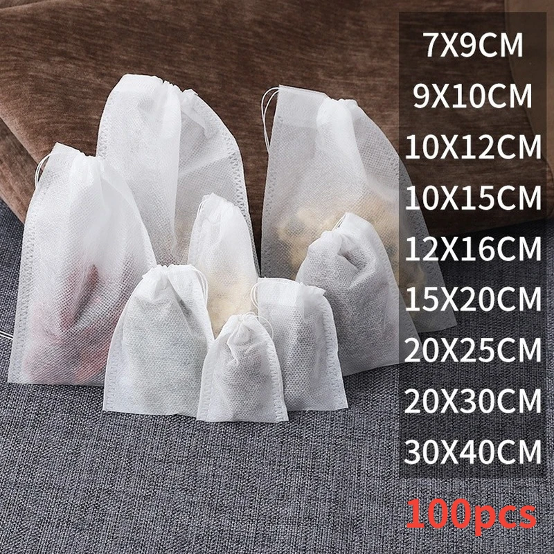 

Чайные пакетики из пищевого нетканого материала, 100 шт., чайные пакетики с фильтром для заварки специй и чая со шнурком, женские чайные пакет...