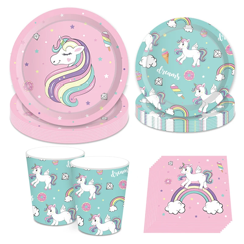 

44pcs/set Pink Cartoon Unicorn Theme Disposable Tableware Paper Plates Cups Napkins Kids Birthday Wedding Party Decor Supplies