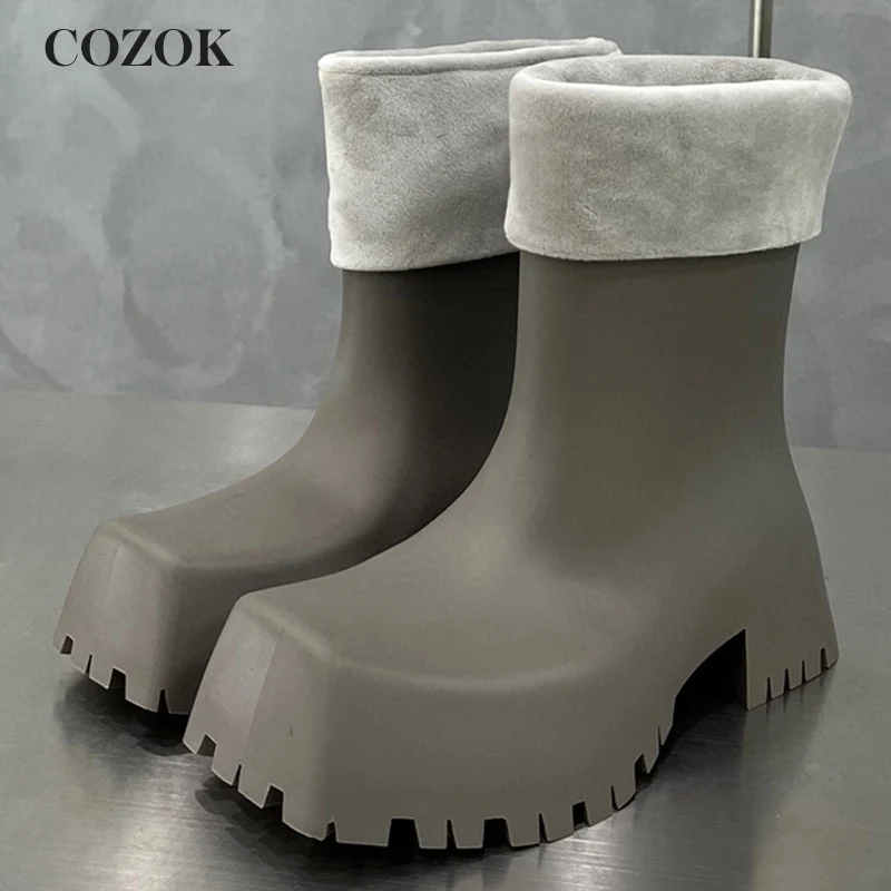 

Personality Square Toe Women's Rain Boots Autumn Winter One Piece Rubber Design Cashmere Cover Thick Bottom Ankle Boots