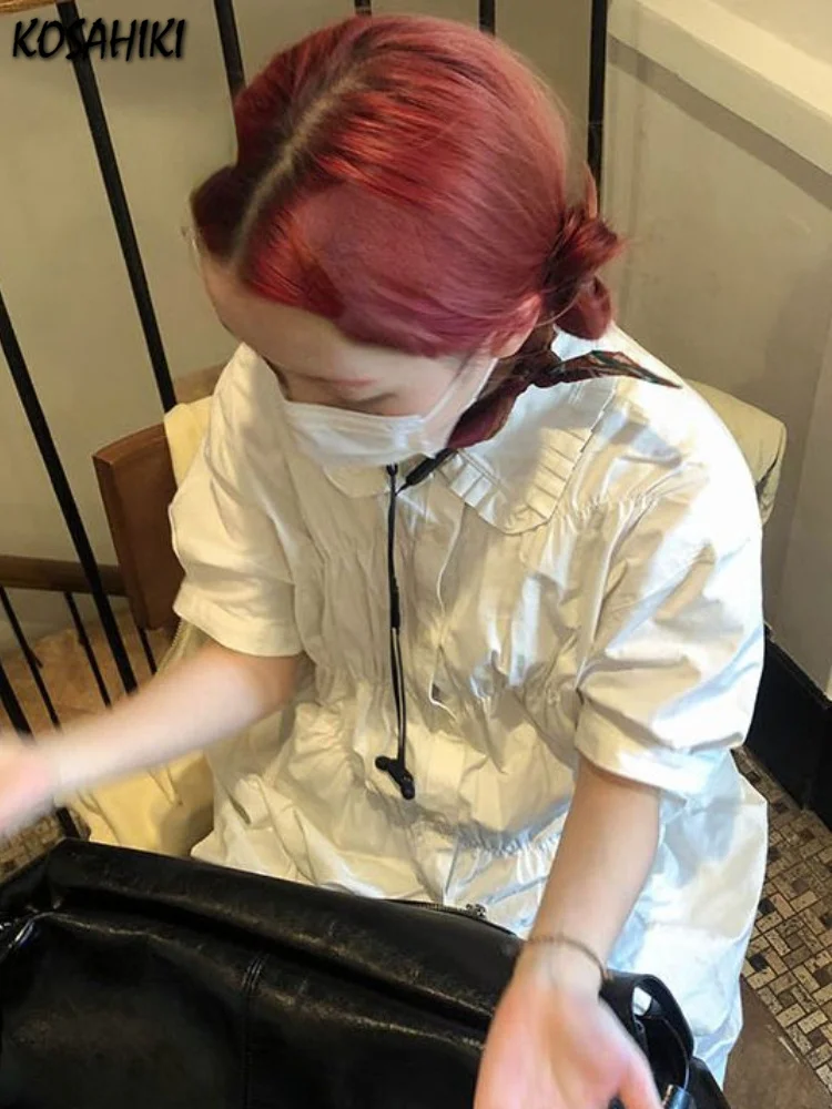 

Женская свободная плиссированная блузка в стиле Харадзюку, однотонная японская рубашка с круглым воротником в стиле Питера Пэна, Y2k, милые повседневные топы, рубашки