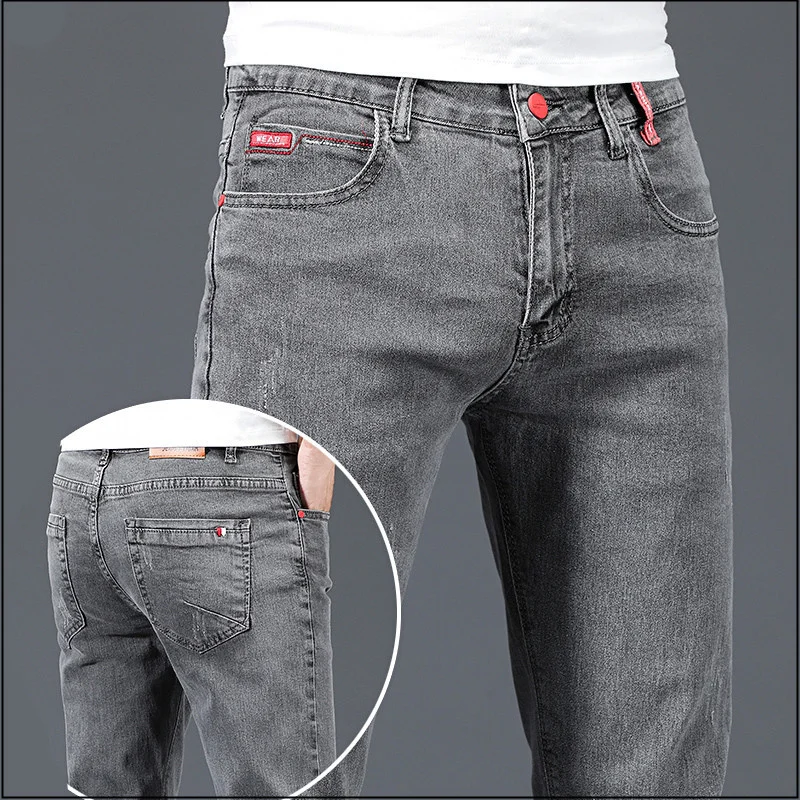 

New Fashion Brand Slim Gray Blue Skinny Jeans Men Business Casual Classic Cotton Trend Elastic Youth Pencil Denim Trousers