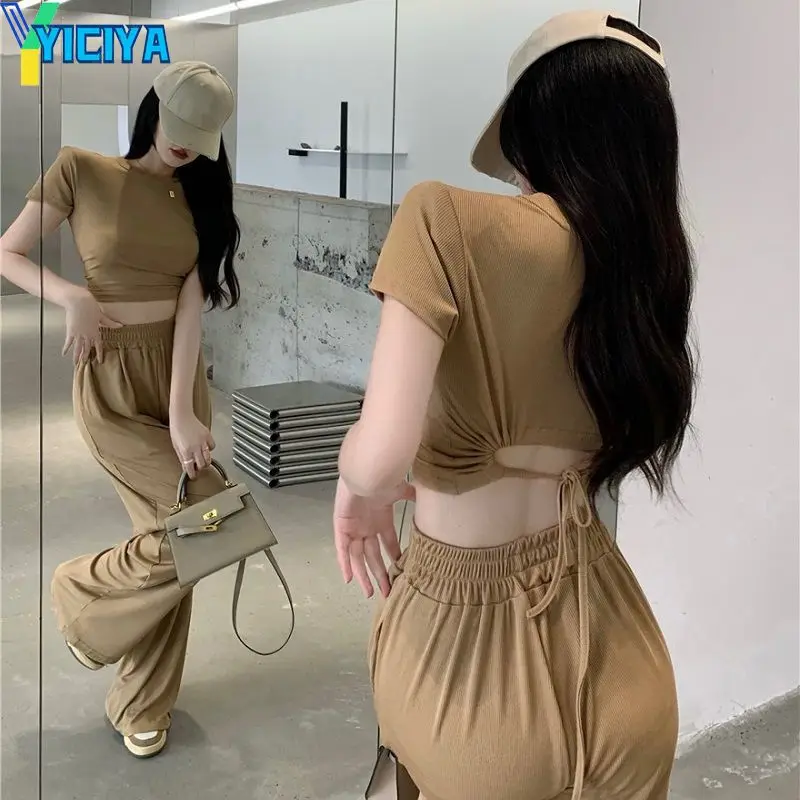 

YICIYA Tracksuit Women Bandage Short Sleeve T-Shirt Top High Waist Wide Leg Casual Pants Two Piece Female Hollow Fashion Suit
