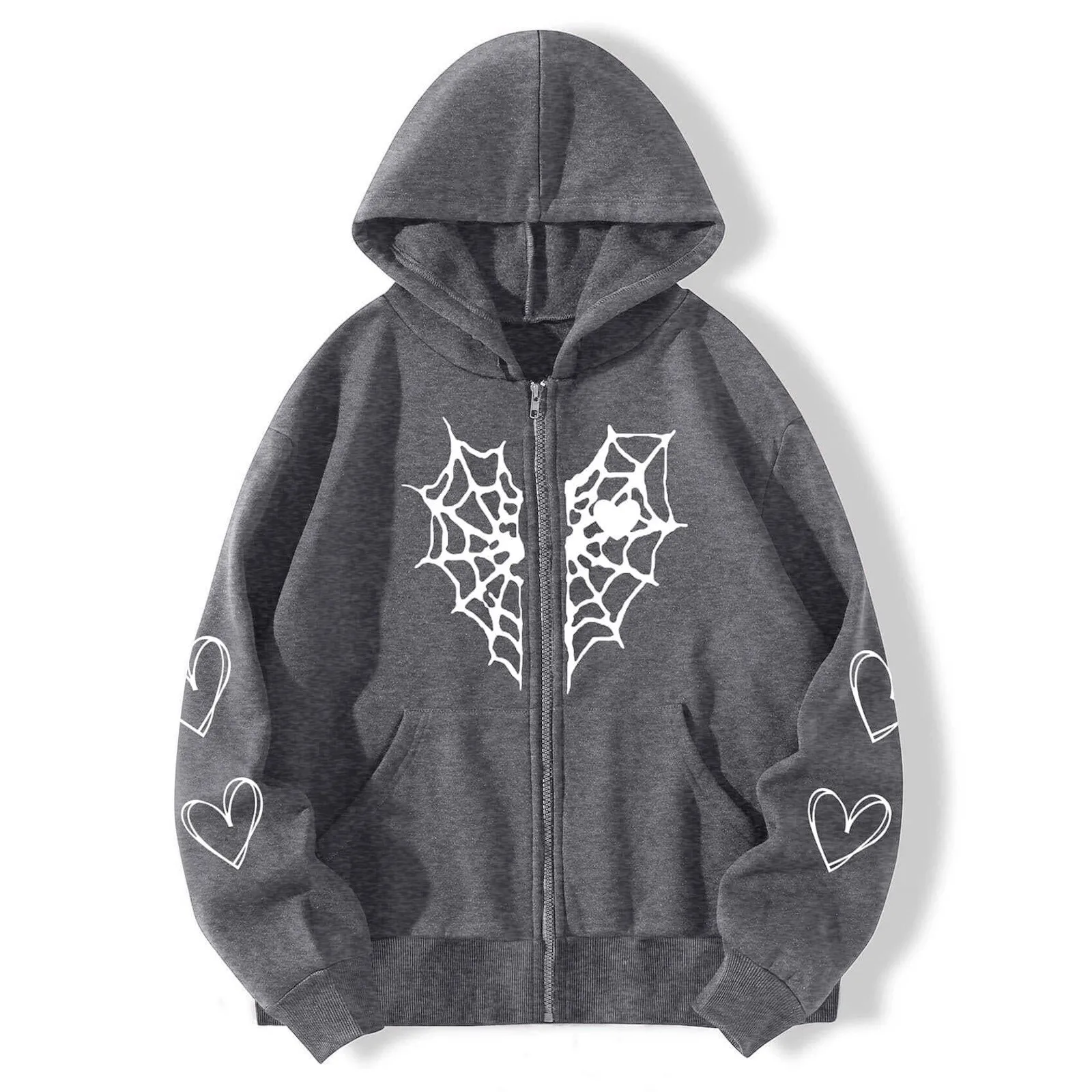 

Women Oversize Spider Web Printing Zipper Thermal Hoodie Autumn Winter Warm Fleece Street Clothing Casual Sportswear Females
