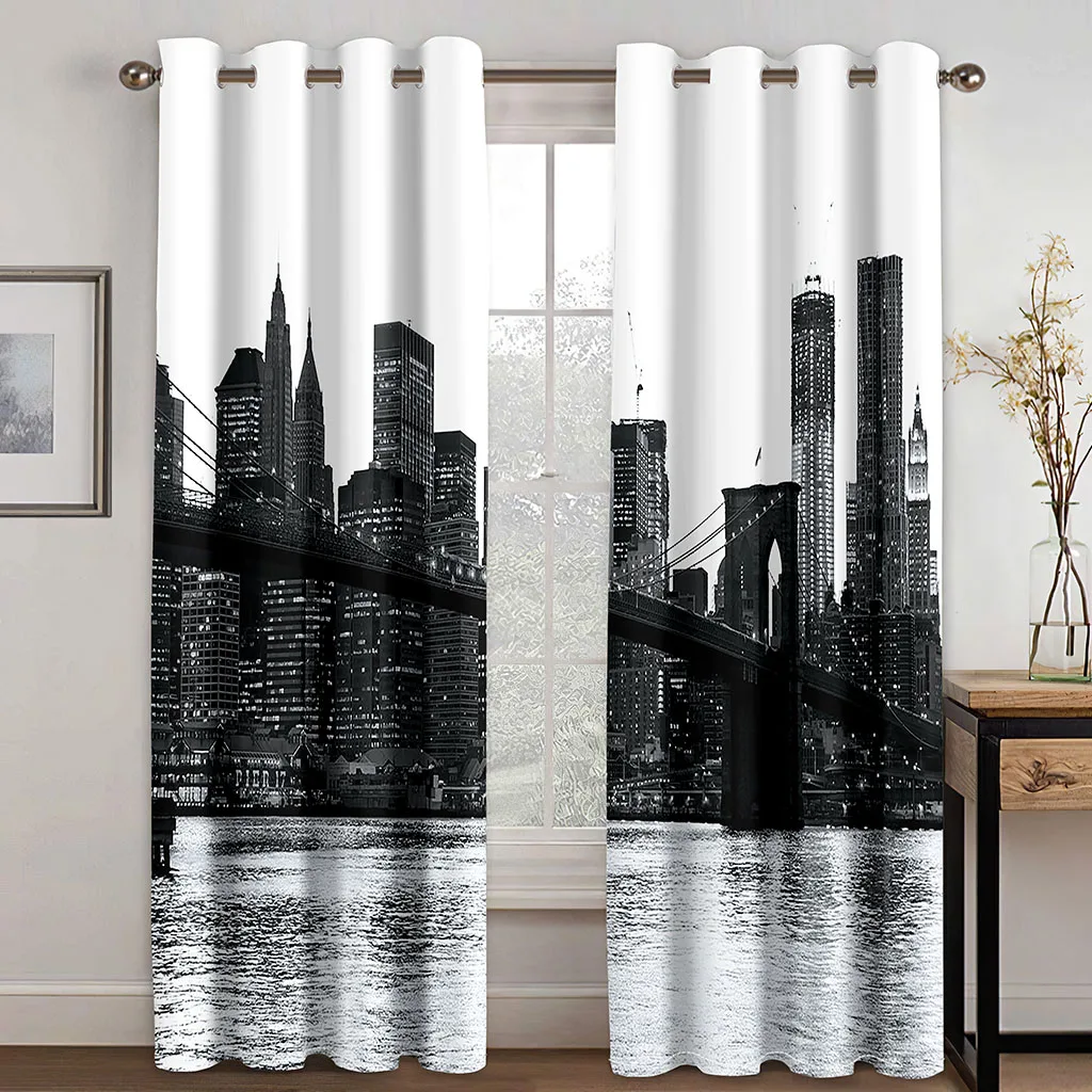 

New York City Print Black and White Photograph in Evening Photo Thin Shading Curtains Living Room Bedroom Window Drapes