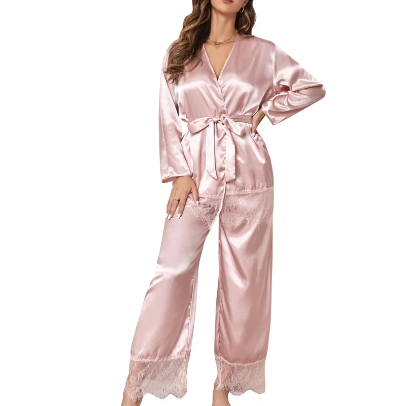 Summer Woman Sleepwear Suit Lace Trim Satin Pajamas Set High Waist Robe Trousers Sexy Silk Pijamas Casual Home Clothes Nightwear