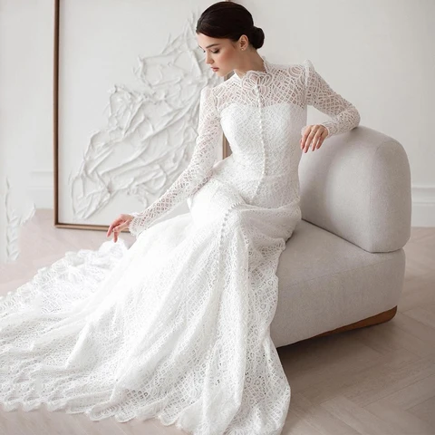 Женское ажурное свадебное платье, романтичное платье А-силуэта с длинным рукавом, с высоким вырезом