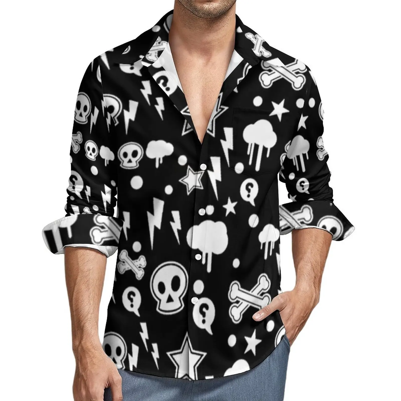 

Gothic Shirt Mens Clouds Skull Witch Casual Shirts Spring Stylish Custom Blouses Long Sleeve Vintage Oversized Tops Gift