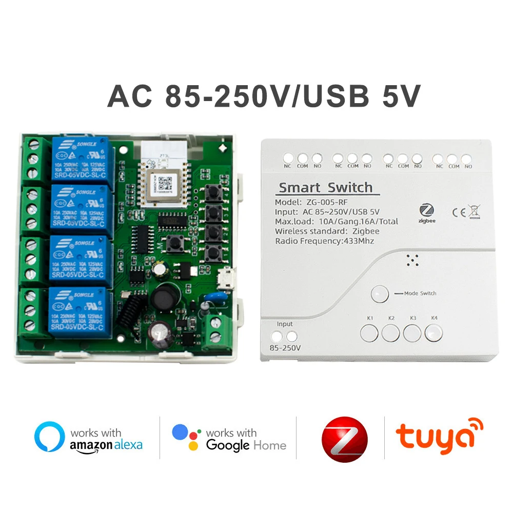 

4CH Zigbee Smart Light Switch Module AC 85-250V RF433 Receive 10A Relays Work With Alexa Assistant Tuya Smart Life