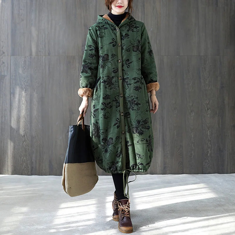 Women's Cotton Coats Winter Autumn 2022 New Vintage Print Slim Old Mom's Warm Medium Long Coat Fashion Elegant Keep Warm Parkas