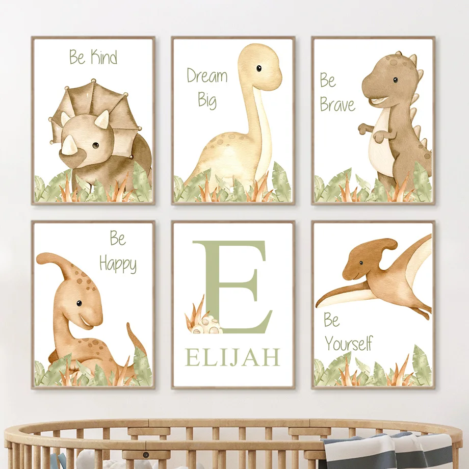 

Cute Dinosaur Custom Baby Name Nursery Wall Art Canvas Painting Nordic Posters And Prints Wall Pictures Kids Bedroom Home Decor