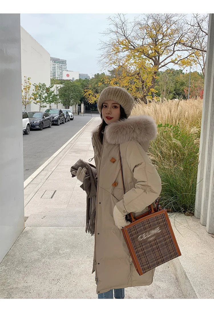 Thickened Down Jacket Women's Medium-length Winter White Duck Down Cotton Jacket Solid Colour Warm Slim Knee-length Waist Coat