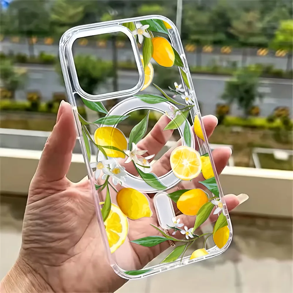 Фото Летний чехол для телефона с лимонным принтом для iPhone 17, 16, 15, 14, 13, 12, 11 Pro Max Plus, 17Air, 16e, с поддержкой MagSafe, магнитной беспроводной зарядки, прозрачный №3