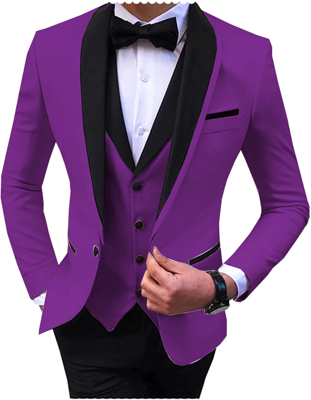 Blue Slit Mens Suits 3 Piece Black Shawl Lapel Casual Tuxedos for Wedding Groomsmen Suits Men 2022 (Blazer+Vest+Pant)