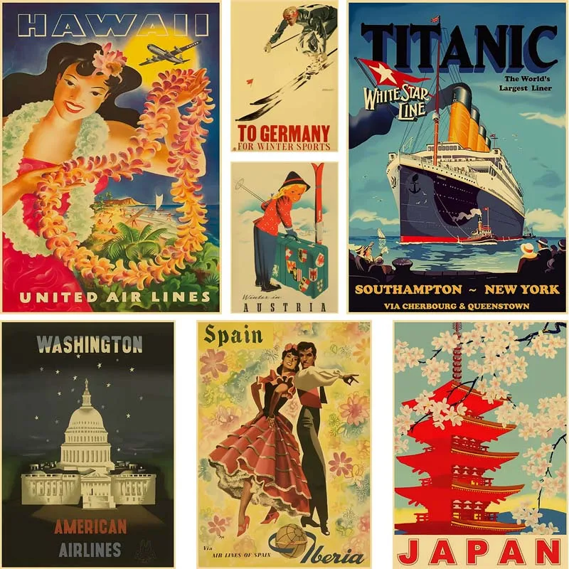 

Vintage Travel City Poster Hawall Spain New York Landscape Kraft Paper Print Wall Art Picture for Home Bar Decoration Paintings