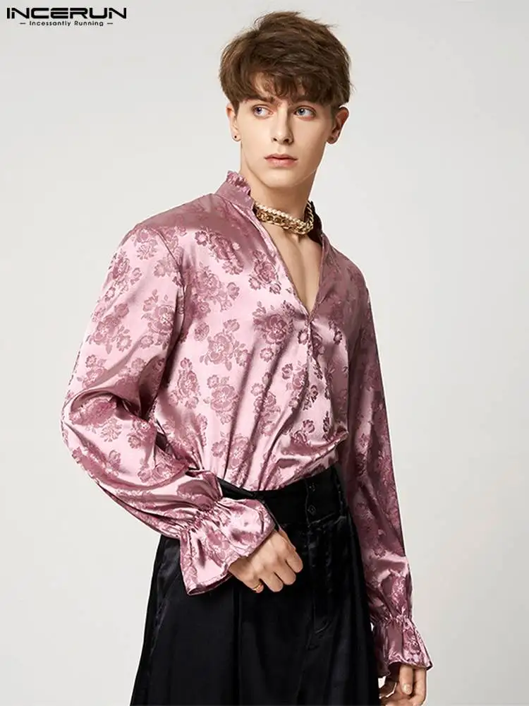 

Красивые хорошо облегающие Топы INCERUN, новые мужские повседневные женские стильные мужские атласные жаккардовые блузки с V-образным вырезом ...