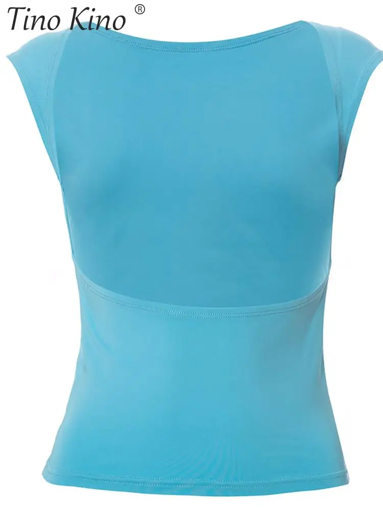 Женский укороченный топ с вырезом на спине летний круглым и коротким рукавом