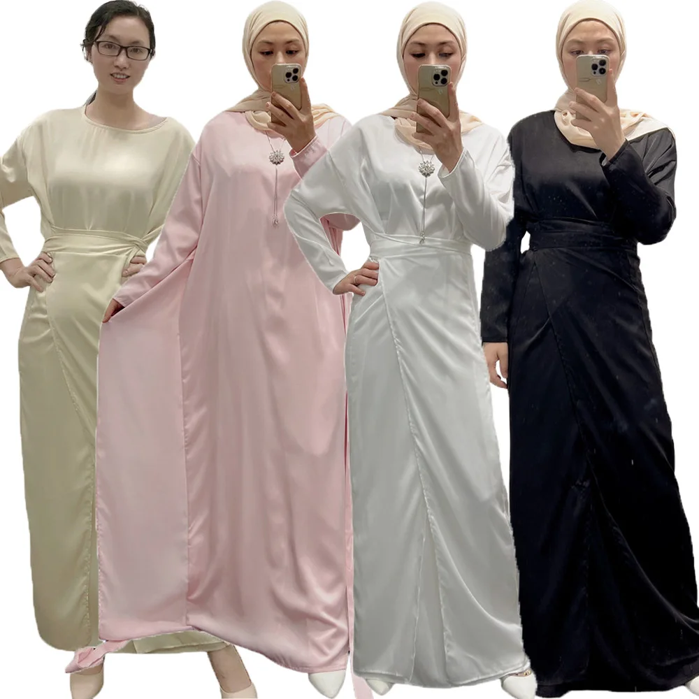 

Women Satin Abaya Elegant Muslim Long Maxi Dresses Dubai Turkish Ramadan Kaftan Islamic Party Gown Arab Jalabiya Caftan Clothing