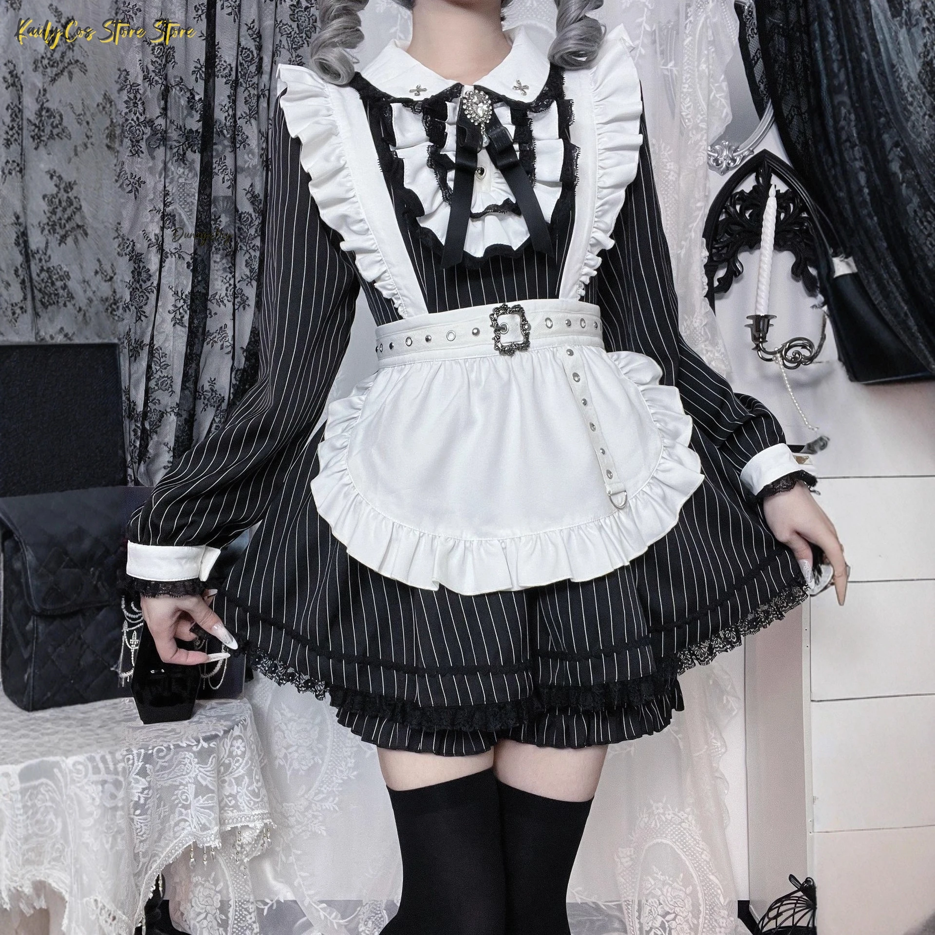 Фото Новый японский полосатый наряд горничной Jirai Kei Lolita, комплект платья с длинными рукавами, кружево с рюшами + фартук + пояс |   Аниме-стиль горничной №2