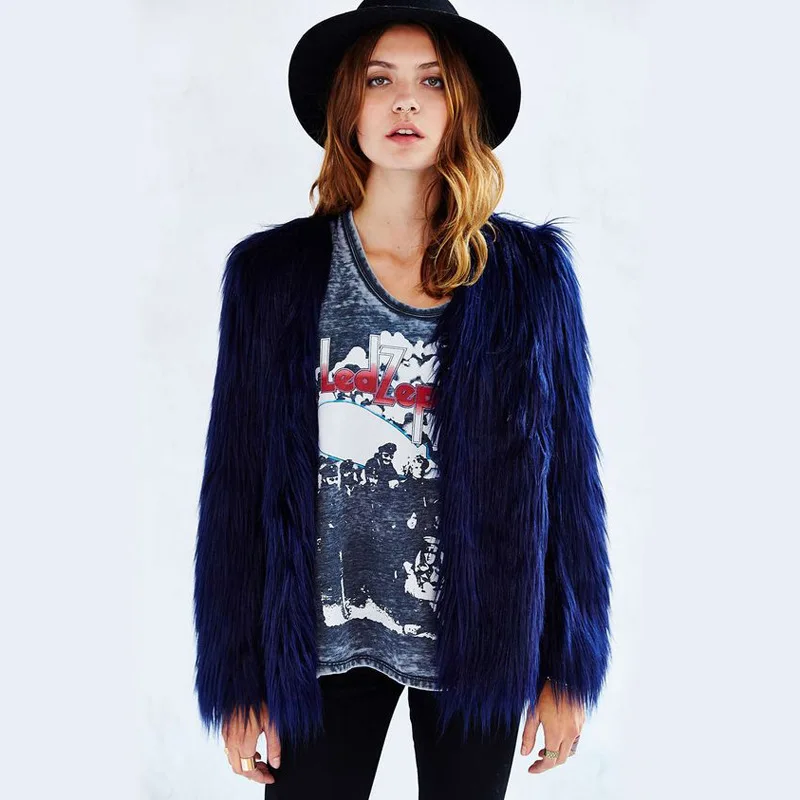 Fashion Furry Collarless Long-sleeved Coat Furry Faux Fur Coat, Women's Fluffy Warm Long-sleeved Women's Autumn and Winter Coat