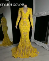 yellow v neck long prom dresses for black girls 2022 appliques evening gowns mermaid birthday party gown robe de bal