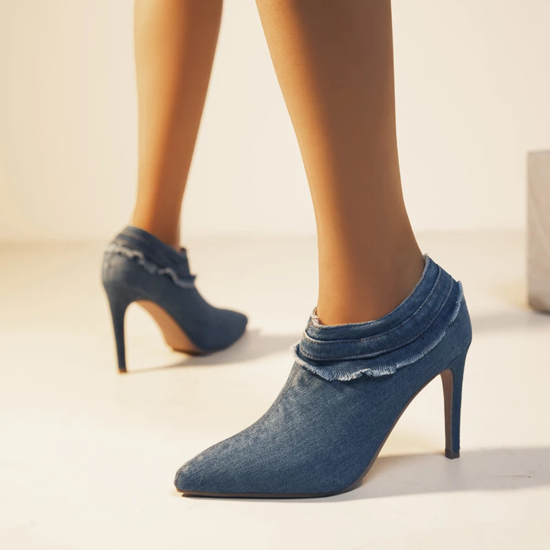 

Сексуальные женские ботильоны, голубые искусственные короткие ботинки для женщин, обувь на высоком каблуке, джинсы, женская обувь с острым ...