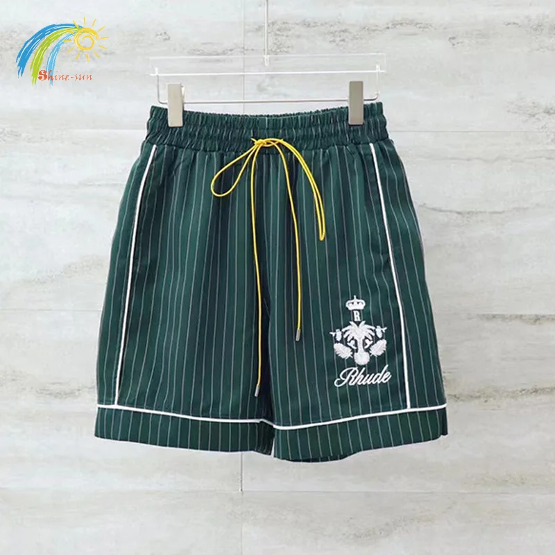 

23ss Hip Hop Vertical Striped Rhude Shorts Men Women Casual Drawstring Coconut Logo Embroidery RHUDE Breeches Green Purple Black