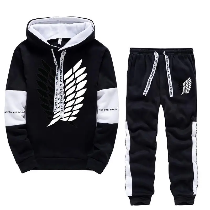 Autumn Winter Men Drawstring Print Tracksuit 2Piece Sets Long Sleeve Pullover Hooded Sweatshirt+Pants Suits Male Sports Clothing