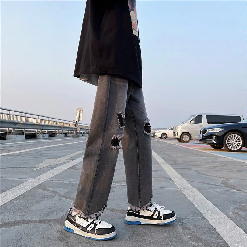 Summer Black Ripped Jeans Men Fashion Casual Wide Leg Jeans Men Streetwear Loose Hip Hop Straight Hole Denim Pants Mens Trousers