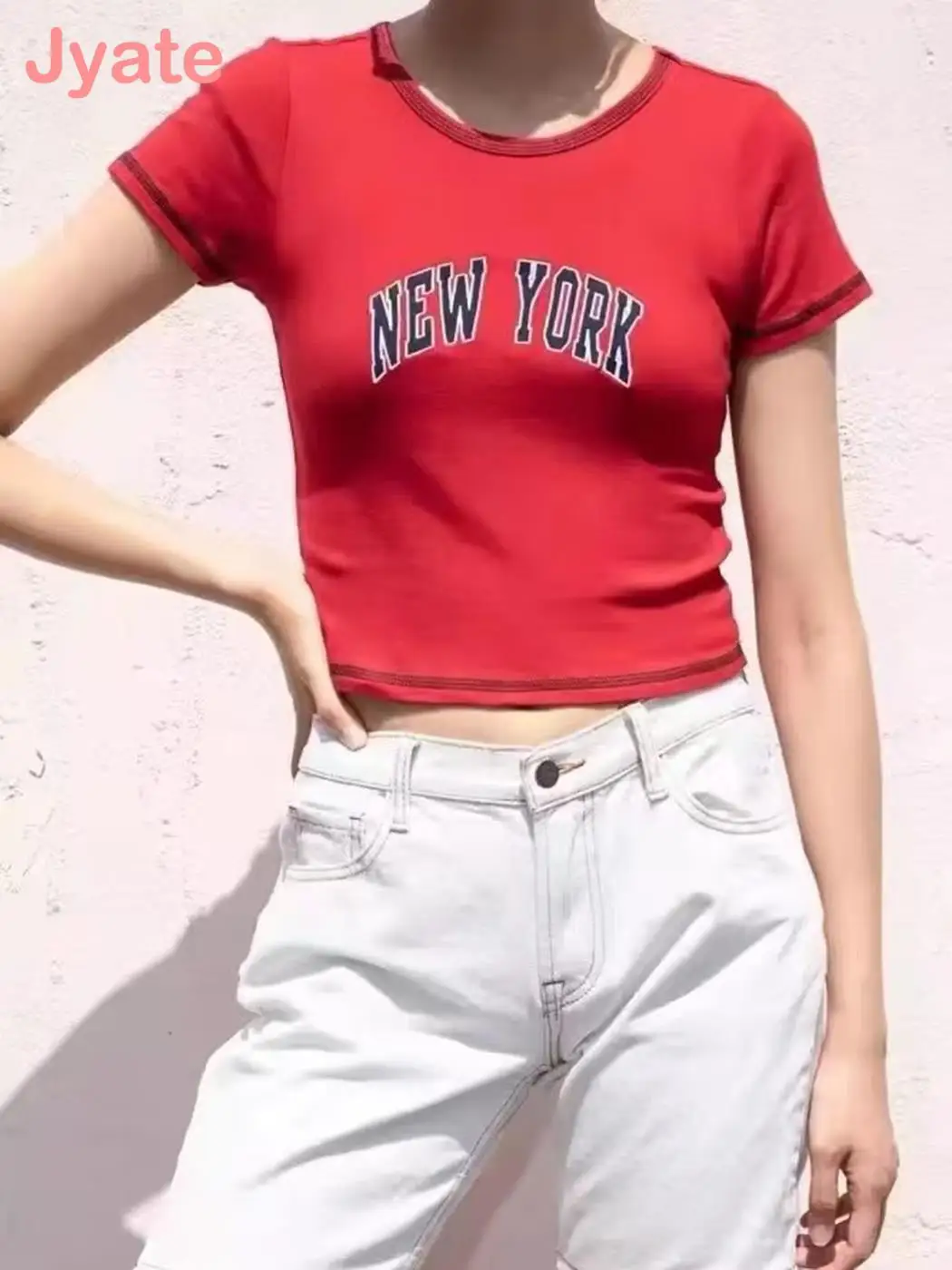 

Jyate New York Embroidery T-Shirt Women 2022 Summer Cotton Fashion Y2K Tee Shirt Tshirt Female Casual Cropped Tops Tees