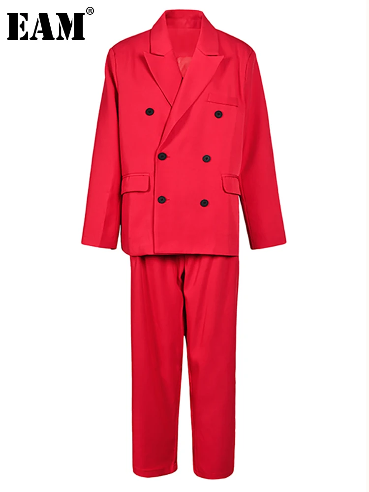 

[EAM] Красный Блейзер большого размера, широкие брюки, костюм из двух предметов, новинка, с отворотом, с длинным рукавом, женская мода, весна-осень 2023, 1DH1449