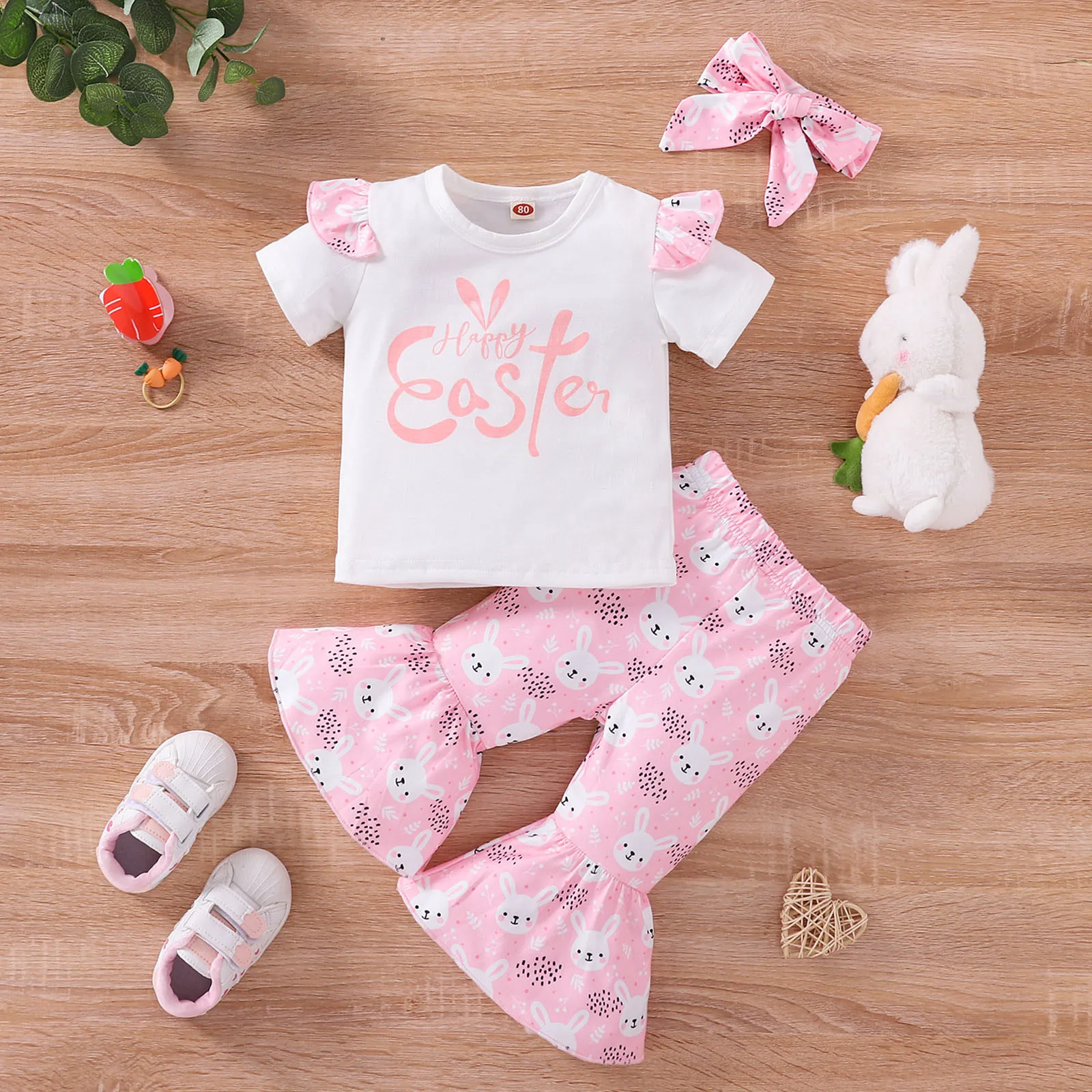 

Toddler Baby Girls Easter Outfits Bunny Letter Print Baby Clothing Short Sleeve T-shirt Tops Pants Headbands Baby Outfits Set