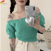 dfrcaeg 2022 summer slash neck sweater womens pullover casual slim bottoming female knitted short sleeve elegant tops femme
