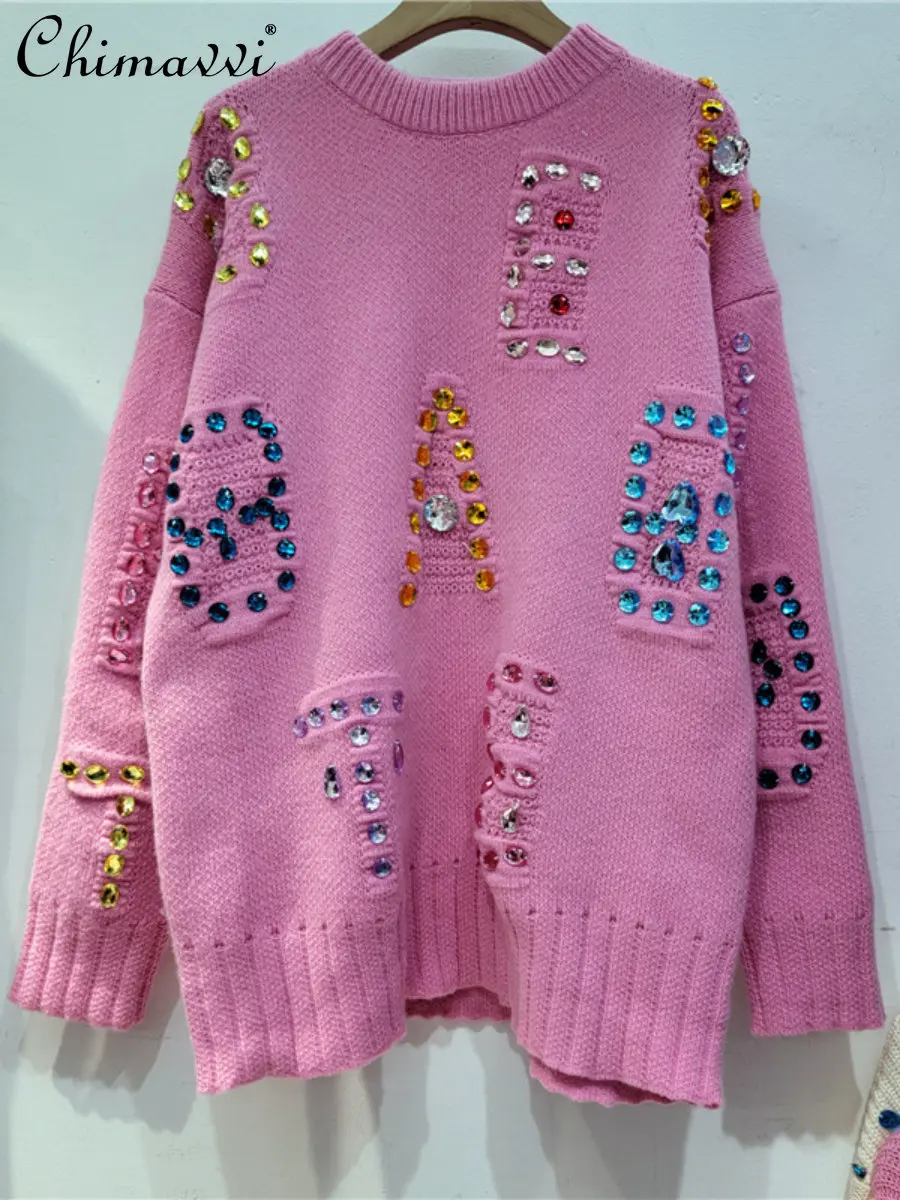 

Exquisite Rhinestone Idle Style Loose Pullover Sweater Women's 2022 Autumn Fashion Casual High-Grade O-neck Pullover Knitted Top