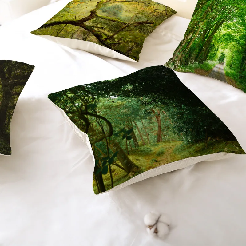 

Forest Landscape Printed Cushion Covers Tropical Green Leaf Linen Pillowcase 18*18in Home Decorative Seat Pillow Covers