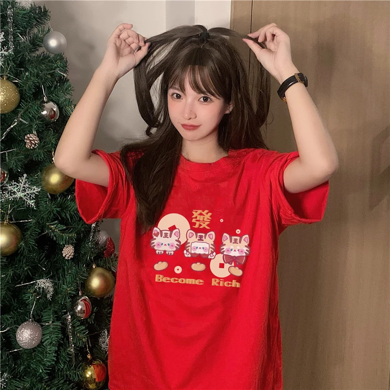 

DAYIFUN 2022 Girl O Neck Cartoon Tiger Printing T Shirt Women Chinese Style Fashion Best Match Ins Sweet Y2k Clothes Tees Tops
