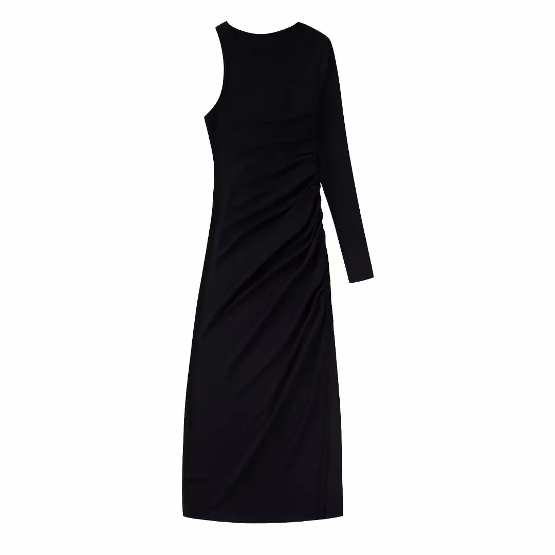 

BM&MD&ZA 2022 Wholesale women's round neck single sleeve slit black pleated asymmetric mid-length dress 0264843