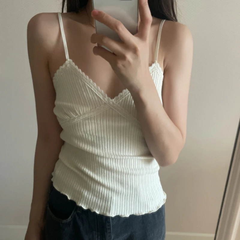 

2023 Spring Summer New Solid Color Slim Lace V-neck Women Camisole