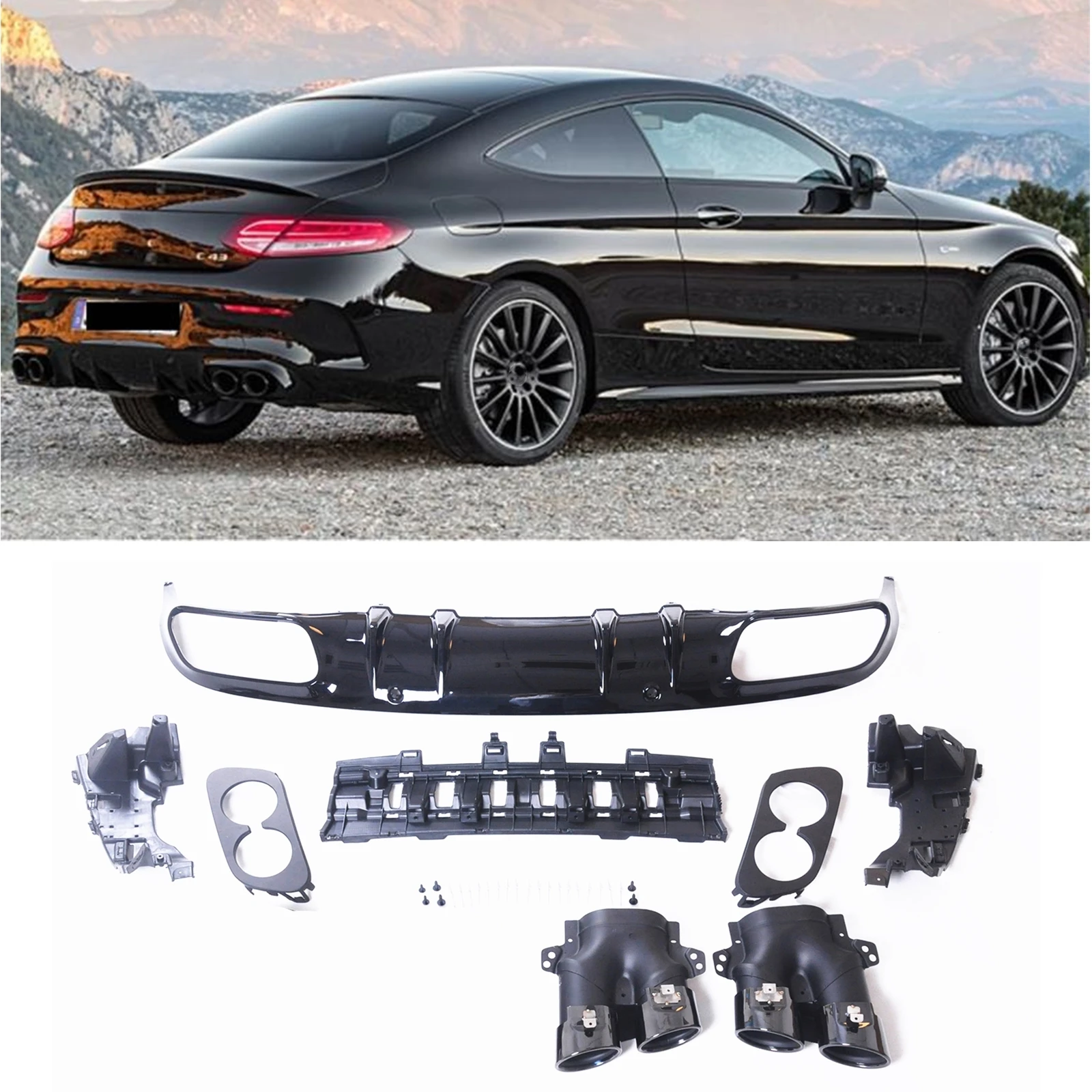 

Для Mercedes-Benz W205 C Class Coupe 2 двери 2015-2021 AMG C43 стиль диффузор заднего бампера губа + черный выхлопной наконечник глушитель труба комплект