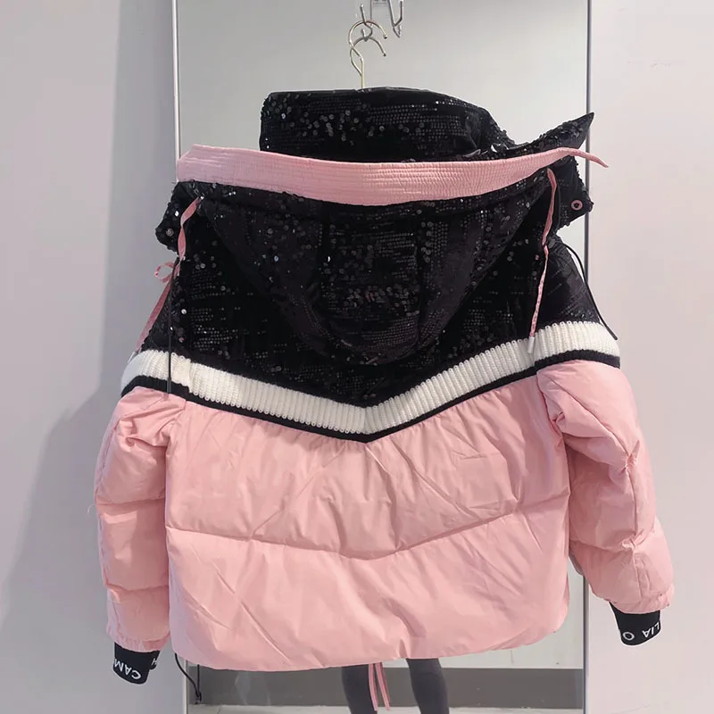 Женский короткий пуховик с блестками зимнее пальто на 2024 утином пуху 90%