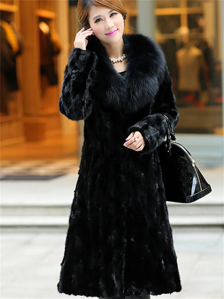 New Imitation Fur Coat Women Autumn Long Mink Fur Coat Big Fox Fur Collar Thick Warm Outer Wear Jacket Winter Clothing N1527