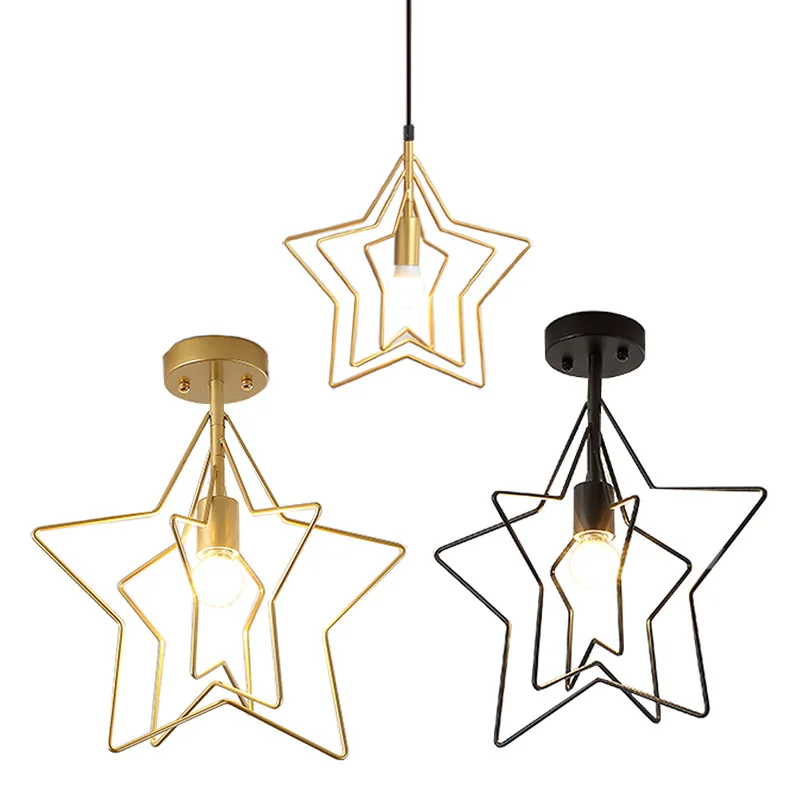 

Nordic Creative Pentagram Pendant Light Iron Industrial Aisle Balcony Black/Champagne Gold Lamps For Restaurant Bar Ceiling Lamp