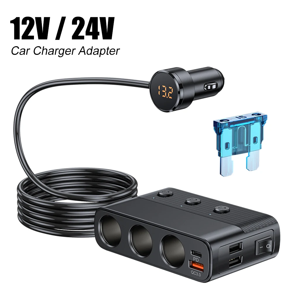 

7 In 1 Car Charger 12V 128W PD 30W QC3.0 Fast Charging Type-C Charger Adapter with Independent Switch Cigar Lighter Splitter